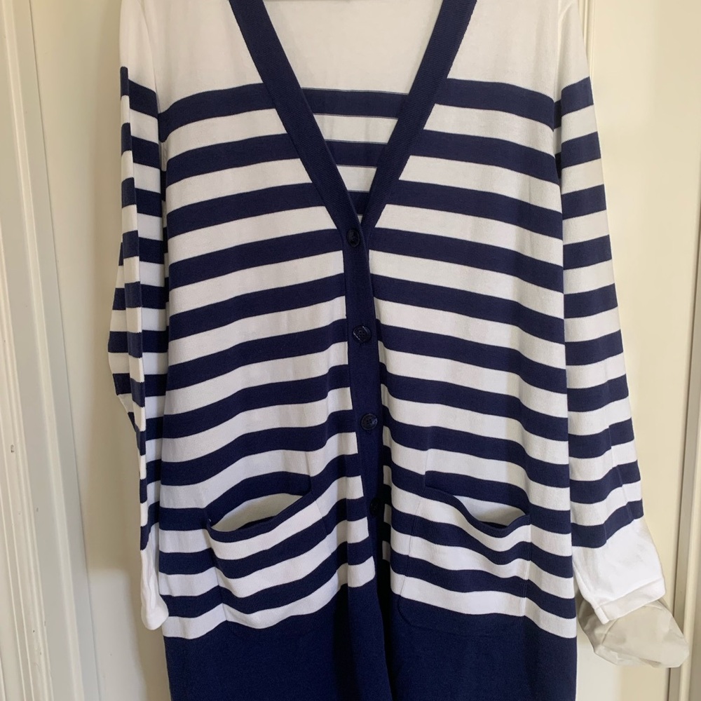 Chic Cardigan in Navy and White Stripes Buttons Down Front Pockets Size XL